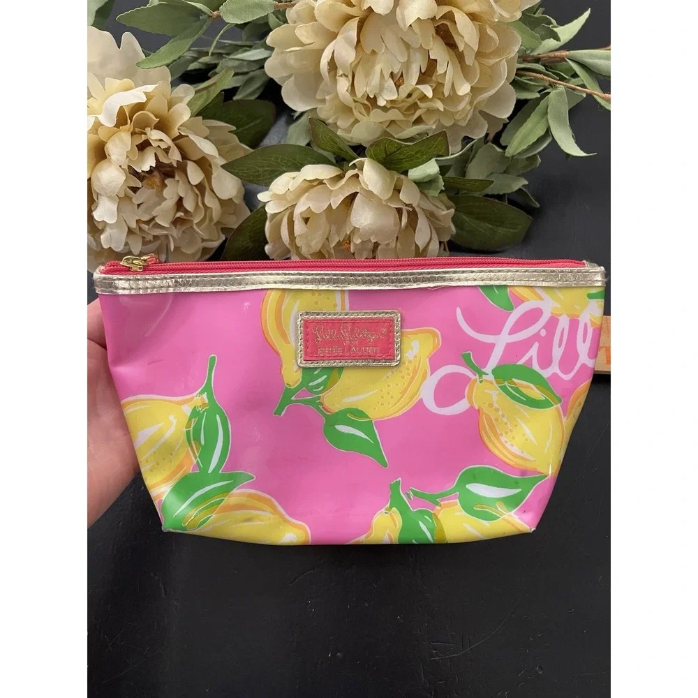 Lilly Pulitzer Estee Lauder Pucker Up Costmetic Bag Lemon Pink Makeup Bag Pouch